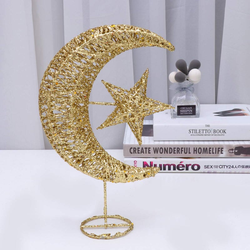 Uonlytech Iron Moon and Star Ornament Glitter Christmas Table Decoration Christmas Tree Decoration Wedding Birthday Holiday Party Supply 20cm (Golden) - Image 2